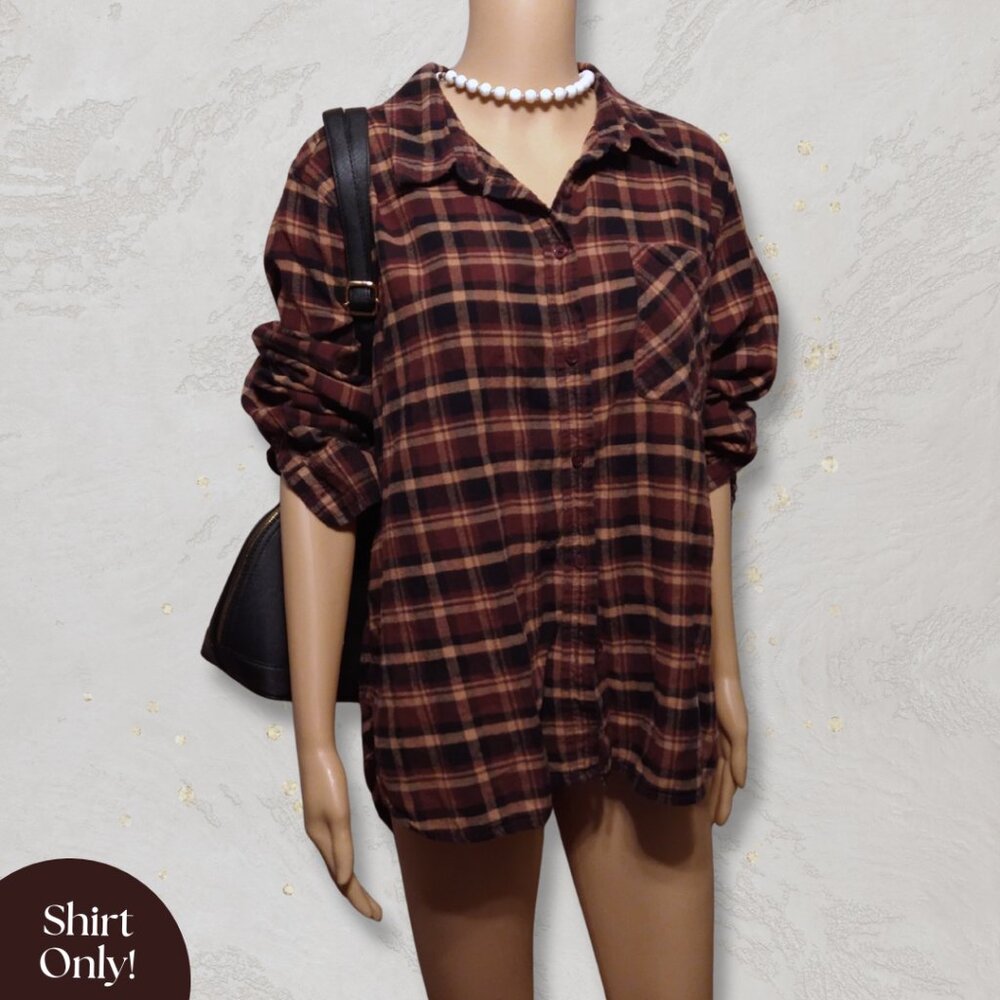 Vintage-Inspired Brown Plaid Flannel Shirt – TIME AND TRU™ XXL (20) 100% Cotton